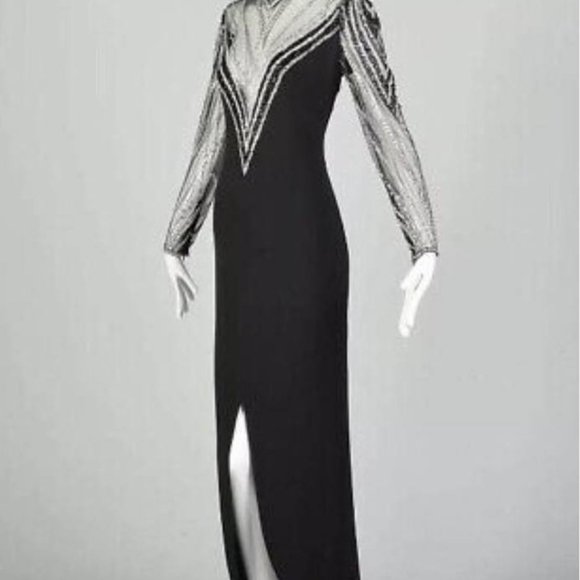 Bob Mackie Art Deco Gown Mandarin Neck Black Sheer Mesh, Deep V Plunge Beaded, - Picture 3 of 12